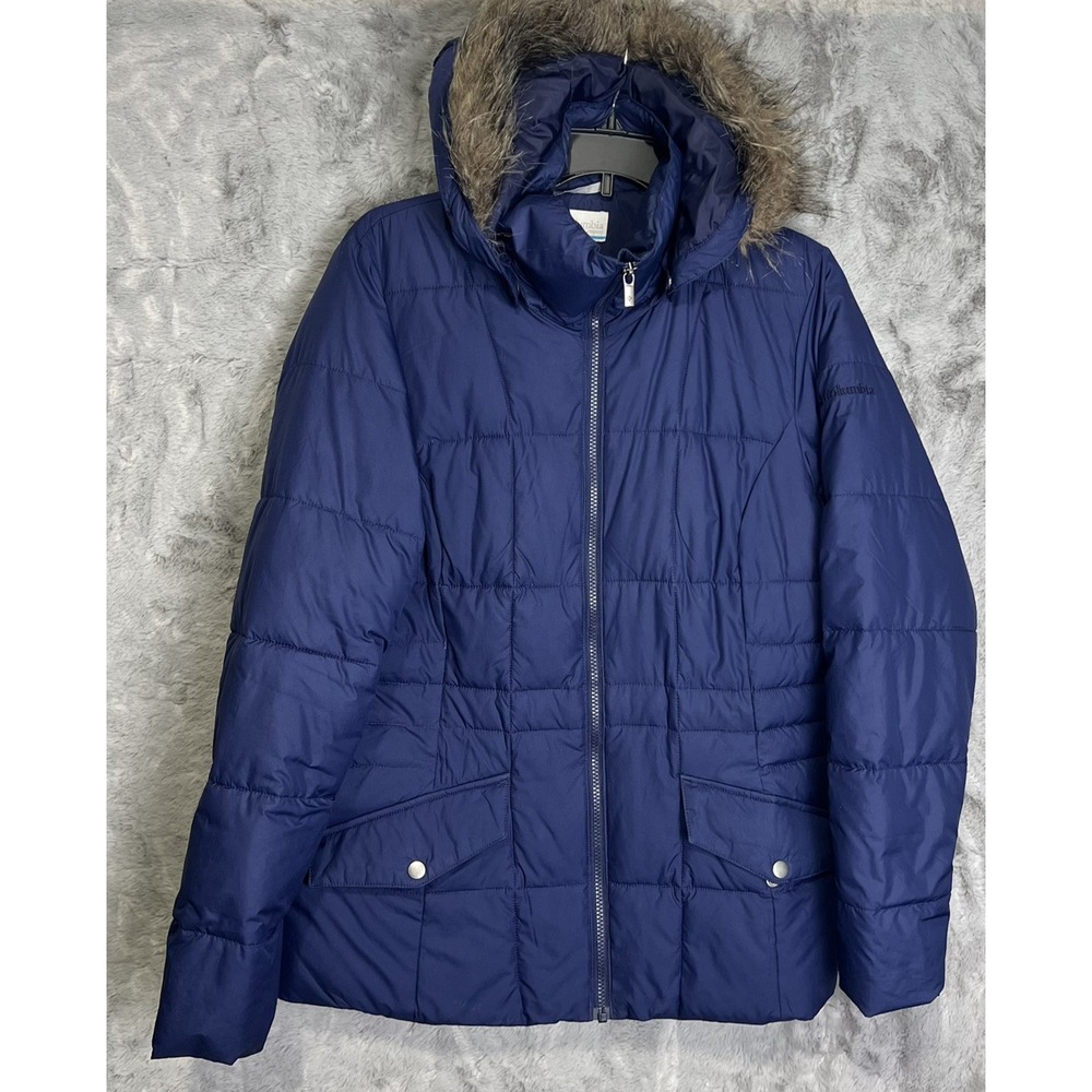 Columbia Women's Lone Creek Puffer Jacket Medium Blue Faux Fur Hood Winter Coat